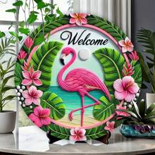 1pc 8x8 Inch Round Vintage Pink Flamingo Welcome Sign - Waterproof Metal Wreath Decor, Suitable For Porch And Home, Holes For Installation Gifts Birthday Graduation