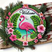 1pc 8x8 Inch Round Vintage Pink Flamingo Welcome Sign - Waterproof Metal Wreath Decor, Suitable For Porch And Home, Holes For Installation Gifts Birthday Graduation
