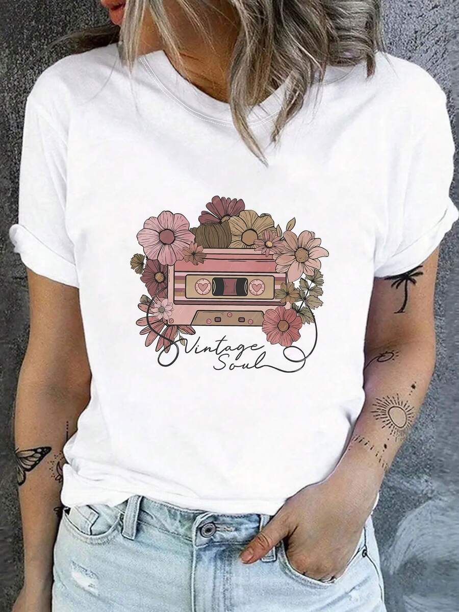 Top veraniego casual de seda de leche de manga corta con estampado de cinta rosa y flores para mujer, ideal para festivales de música - Blanco - Ver 1