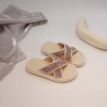 Girls 2025 Summer New Shiny Broken Rhinestone Slippers, Stylish And Comfortable Non-Slip Beach Sandals - Pink - View 4