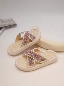 Girls 2025 Summer New Shiny Broken Rhinestone Slippers, Stylish And Comfortable Non-Slip Beach Sandals - Pink - View 5