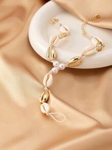 1 件贝壳珍珠链脚链，欧美流行海洋度假风格脚趾环，贝壳和钻石吊坠数量随机