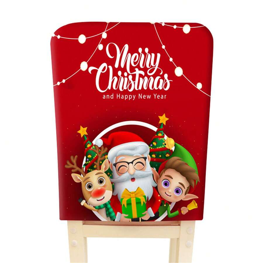 Christmas Chair Covers, Cartoon Santa Snowman Elk Print Washable Removable Slipcover For Hotel, Restaurant - Style 2 - View 1