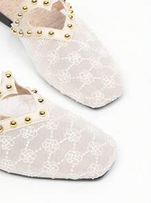 Green & Gold Decor Square Toe Slip-On Low Heel Flat Sandals For Women, Mesh Breathable Closed Toe Mules, Lace Net Fabric, Wear With Dresses, Casual Summer Slippers