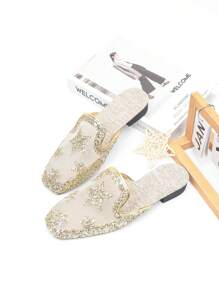 Gold, Silver, Black Glitter Star Decor Square Toe Mules Women, Low Heel Slip-On Mesh Breathable Closed Toe Backless Flat Slide Sandals For Summer Dresses