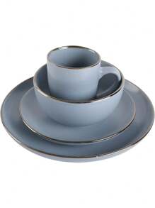 Vajilla Rockaway redonda de gres, servicio para 4 (16 piezas), borde gris y dorado - Borde azul mate/dorado - Ver 3