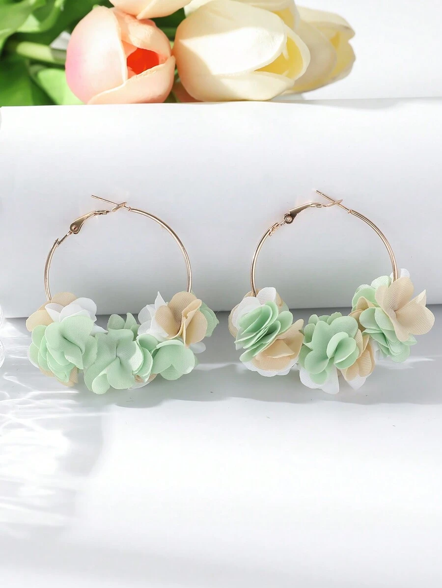 1 paire de boucles d'oreilles en alliage à boules florales en tissu fait main, une élégante mode pour l'été et les vacances, convenant pour le port quotidien des femmes, les bals, les fêtes et les festivals de musique - Multicolore - Voir 1