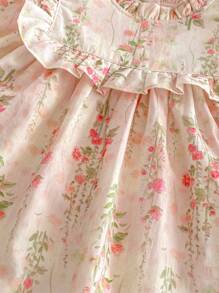 春季花朵图案女童连衣裙，休闲舒适，优雅年轻女士，粉色 - 粉色 - 查看 6