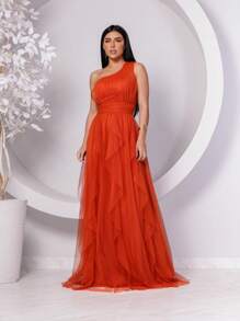 Women's Long Dress Mule Lame Without Shine Ruffles Skirt Fashion Summer Elegant Prom Party - Màu Cam cháy - Xem 2