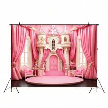 1 Pc Pink Princess Castle Polyester Backdrop Banner - Multipurpose, Powered-Free, Suitable For Wedding, Birthday, Anniversary, Room & Garden Decor, Indoor/Outdoor Use, Photography Wall Decor, Live Streaming Background, Yard Decor, Easy To Set Up