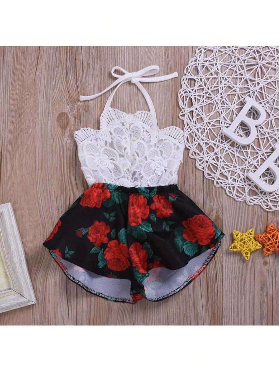 0-3 Years Old Toddler Fashion One-Piece Breeches, Sleeveless Halter Lace Top + Loose Printed Wide-Legged Shorts, Casual Jumpsuit, Cotton Blend Comfortable And Soft Fabrics - 黑色 - 查看 1