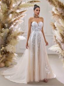 无肩带象牙色刺绣薄纱婚纱 - 带花卉蕾丝的优雅舞会礼服，适合浪漫仪式 - 白色 - 查看 5