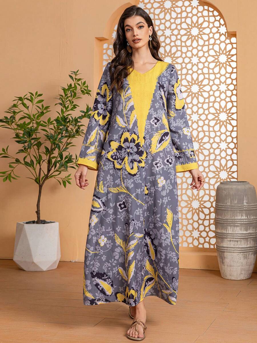 Women's Long Printed Arabic Style Dress, Summer - Multicolor - View 1