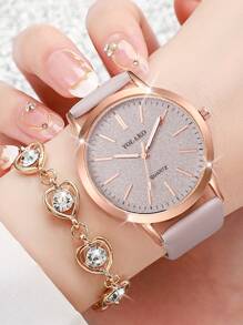Women's Fashion Elegant Minimalist Matte Dial Analog Quartz Wrist Watch + Jewellery Set (6pcs/Set), Excluding Watch Box - Grey - View 2