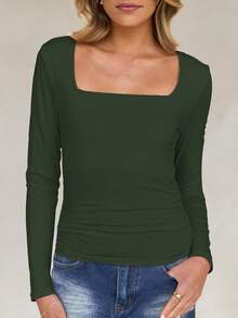 Vaiaye Damen Frühling/Sommer Y2K Quadratischer Ausschnitt Langarm Figurbetontes T-Shirt, einfarbiges sexy Top, geeignet für den Valentinstag - Armeegrün - Übersicht 8