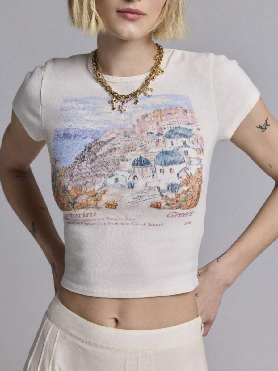 Womens Y2k Graphic Baby Tees Slim Fit Round Neck Showing Navel Cap Sleeve T Shirt Vintage Crop Tops For Summer Womens 90s Streetwear Retro Aesthetic Clothes For Teen Girls - Màu be - Xem 1