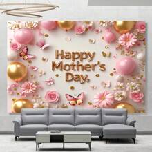 1pc Happy Mother's Day Background Banner, Polyester Material, Mother's Day Floral Butterfly Design, Party Photography Banner, Suitable For Party Home Decor, Mother's Day Gift, Party Banner For Mom, Universal Theme, No Electricity Required