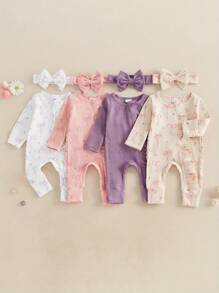 Baby Girl Spring Fall Winter Clothes Newborn Baby Girl Hospital Going Home Outfit Ribbed Footed Romper Bow Print Long Sleeve Full Length Ruffle Zipper Footie Jumpsuit Headband - Màu be - Xem 4