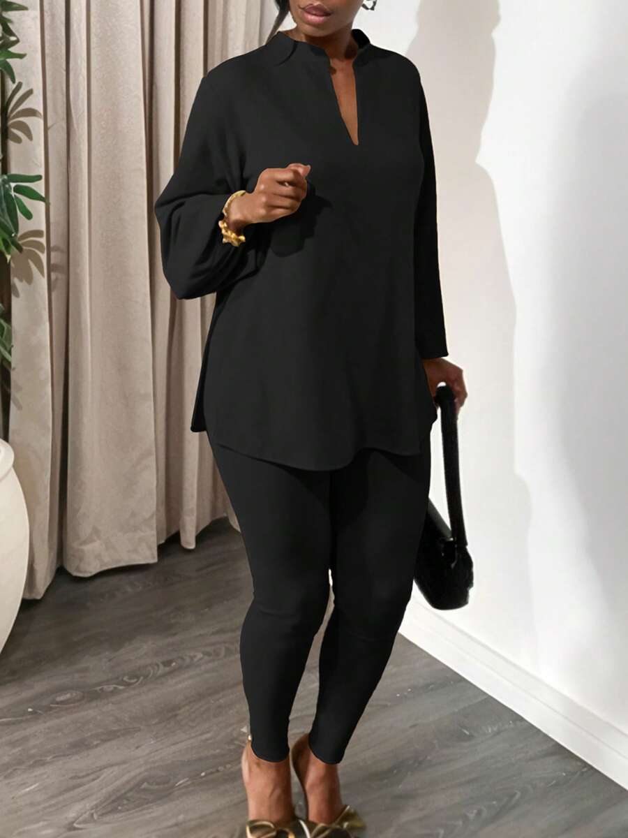Women's Plus Size Tracksuits Outfits Solid Color V-Neck Long Sleeve Slit Hem Tops With Leggings 2 Pcs Set - Black - View 1