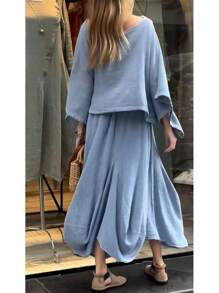 Womens 2 Piece Fall Outfits Oversized Batwing Long Sleeve Pullover Tops Lounge Irregular Maxi Skirt Sets With Pockets - 藍色 - 查看 6