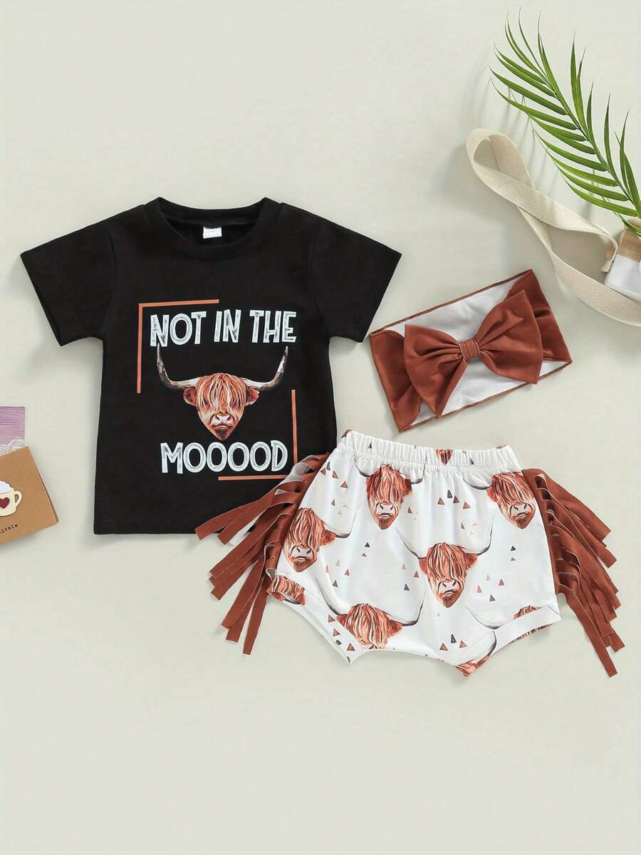 Western Toddler Baby Girl Clothes 3 6 12 18 Months 2T 3T Letter Short Sleeve T-Shirt Top + Tassel Shorts Outfits + Headband 3Pcs Set - Black - View 1