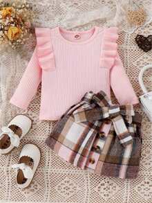 Toddler Girls Autumn Outfit Sets Pink Long Sleeve Ruffle Ribbed Tops + A-Line Plaid Skirt With Belt - 粉色 - 查看 3