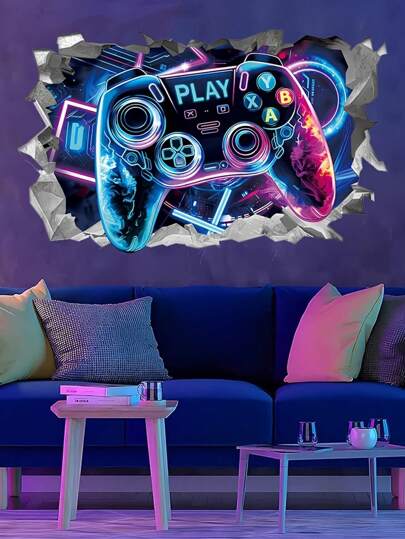 mama look 1pc 3D Game Controller Wall Decal - Geometric Glowing Space Theme, Self-Adhesive PVC, Classic Style, Semi-Matte Finish, Multi-Surface Application, Single-Use, Rectangular Shape, Suitable For Bedroom And Gaming Room Decor Home Decor Wall Decor Bathroom Decor Bedroom Decor Room Decoration Stuff Living Room Decor House Decor Home Decor Living Room Wall Paper Stickers Personalised Stickers School Decor School Surprise Dormitory Decor Back To School School Supplies