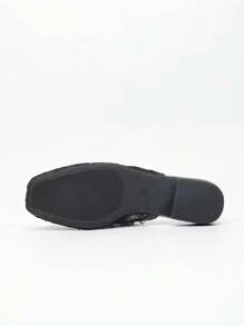 Grün & Gold dekorativer Knopf quadratische Zehenkappe flacher Absatz Slip-On Mules für Frauen, atmungsaktive geschlossene Zehenkappe rückenfreie Slides, Spitzennetzstoff für Kleider, flache ausgestellte Sandalen für den Sommer - Schwarz - Übersicht 9