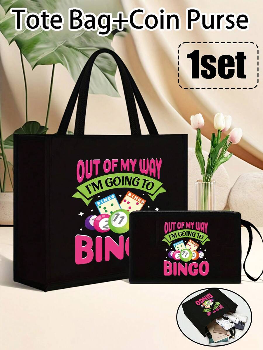 Bộ túi xách và ví chủ đề xổ số bi-a, bộ túi xách và ví đựng tiền xu dành cho nữ, bao gồm túi xách và ví đựng tiền xu, túi nữ dung tích lớn, chất liệu vải, có thể giặt, có lớp lót, kiểu đeo vai thông thường, in khẩu hiệu "Tôi muốn chơi Bingo", có họa tiết xổ số, bi-a, các yếu tố số học và thể thao. - màu đen - Xem 1