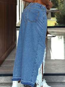 Europe And The United States Street Slimming Hem Cut Asymmetrical Opening Ladies Denim Skirt, The Perfect Combination Of Sexy Style And Comfort - The Perfect Women's Fashion Must-Have Item - Rửa trung bình - Xem 2