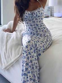 Women's Spaghetti Strap Dresses Drawstring Design Floral Print Slim Fit Long Bodycon Dresses Perfect For Summer Spring - Blue - View 8