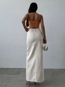 SQUALO Women's Flared Denim Skirt With Slits And Pockets In A Washed-Out Effect - White - View 2