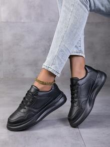 Sneakers casual nere con lacci da donna, con punta rotonda, traspiranti, basso, con lacci e senza lacci, versatili, leggere, stile campus, scarpe sportive alla moda