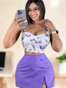 Conjunto 2 Piezas, Top Mariposa con Falda Short.  Detalle de Bonotes.  Ajustable. - Lila Púrpura - Ver 2