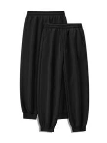 3-Pack Simple Solid Color Outdoor Exercise Pants, Men's Four-Season Running Fitness Pants With Cuffs, Waist Drawstring Adjustment, Men's Versatile Casual Pants, Men's Loose Trousers - 黑色+淺灰色+淺灰色 - 查看 4