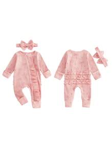 Baby Girl Spring Fall Winter Clothes Newborn Baby Girl Hospital Going Home Outfit Ribbed Footed Romper Bow Print Long Sleeve Full Length Ruffle Zipper Footie Jumpsuit Headband - Pink - View 3