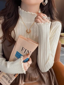 Women's Sweater Mullet Lace Half High Neck Knit Sweater Autumn And Winter Inner Solid Color Bottom Shirt Top - Màu be - Xem 4