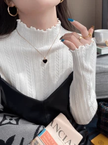 Women's Sweater Mullet Lace Half High Neck Knit Sweater Autumn And Winter Inner Solid Color Bottom Shirt Top - 白色 - 查看 4