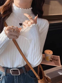 Women's Sweater Mullet Lace Half High Neck Knit Sweater Autumn And Winter Inner Solid Color Bottom Shirt Top - 白色 - 查看 5