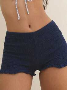 Women's Shirred Shorts Casual Elastic Waist Solid Color Ruffled Short Pants For Summer - Royal Blue - View 5