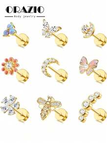 ORAZIO 1 pieza Pendientes de cartílago con diseño de mariposa y flor de acero quirúrgico con parte trasera plana y ópalo para perforación de trago y hélice, joyería para piercing