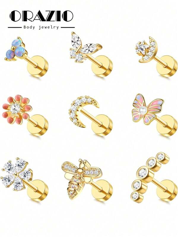 ORAZIO 1 pieza Pendientes de cartílago con diseño de mariposa y flor de acero quirúrgico con parte trasera plana y ópalo para perforación de trago y hélice, joyería para piercing