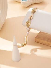 1 件贝壳珍珠链脚链，欧美流行海洋度假风格脚趾环，贝壳和钻石吊坠数量随机