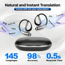 AI OWS Translator Earbuds, Leather Language Translator Earphone 144 Languages ONE Year Free Subscription, 3-In-1 Real-Time Translation Device - 黑色 - 查看 2