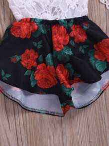 0-3 Years Old Toddler Fashion One-Piece Breeches, Sleeveless Halter Lace Top + Loose Printed Wide-Legged Shorts, Casual Jumpsuit, Cotton Blend Comfortable And Soft Fabrics - 黑色 - 查看 5