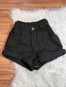Basic Black And Gray Denim Shorts With Hem - Black - View 2