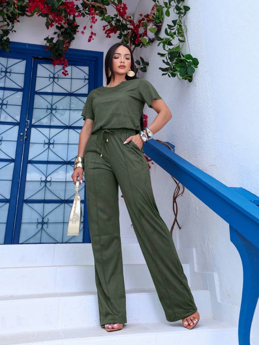 Suede Set, Wide Leg Pants And Basic T-Shirt Top, Size M To EXG Plus Size - Army Green - View 1