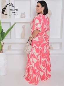 Plus Size V-Neck Long Short Sleeve Dress - Pinki Estam. - View 2