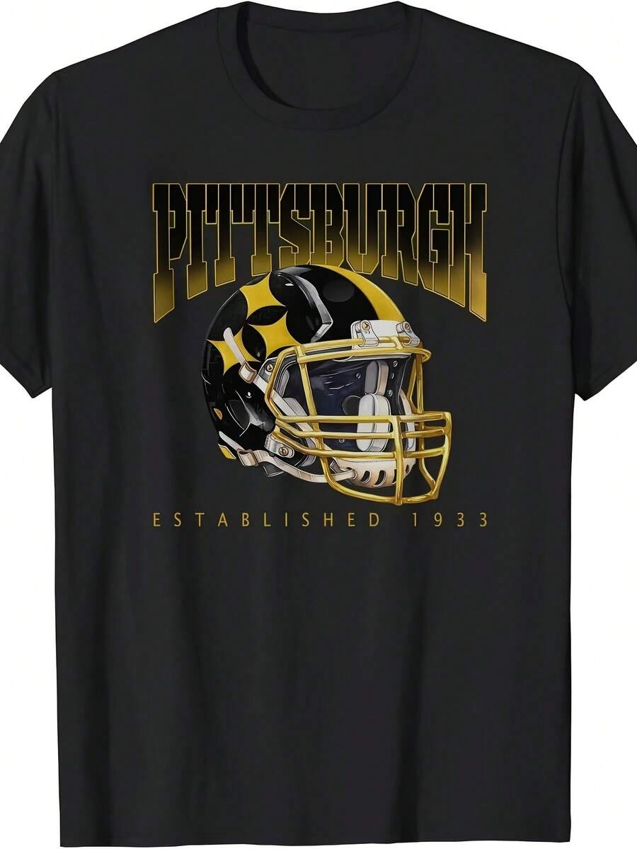 Pittsburgh T-Shirt Black And Gold, Men's And Women's Short Sleeved Football Apparel, Gift For Football Fans Men's Comfortable Casual T-Shirt