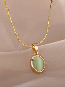 1 件椭圆形蛋白石吊坠项链女士精致粉色、蓝色、绿色天然宝石吊坠 18K 镀金不锈钢可调节项链女士珠宝时尚配饰 - 金黃色 - 查看 9